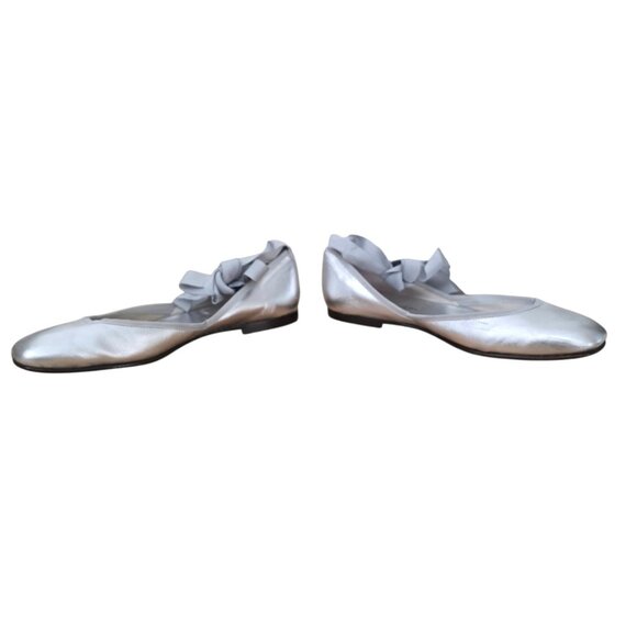 Hollywould Silver Leather Ballet Flats Anklewrap Ribbon 36 6 - Picture 2 of 5